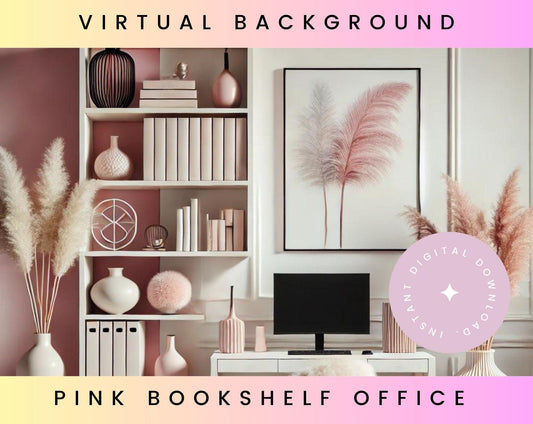 Pink Pampas Bookshelf Zoom Background